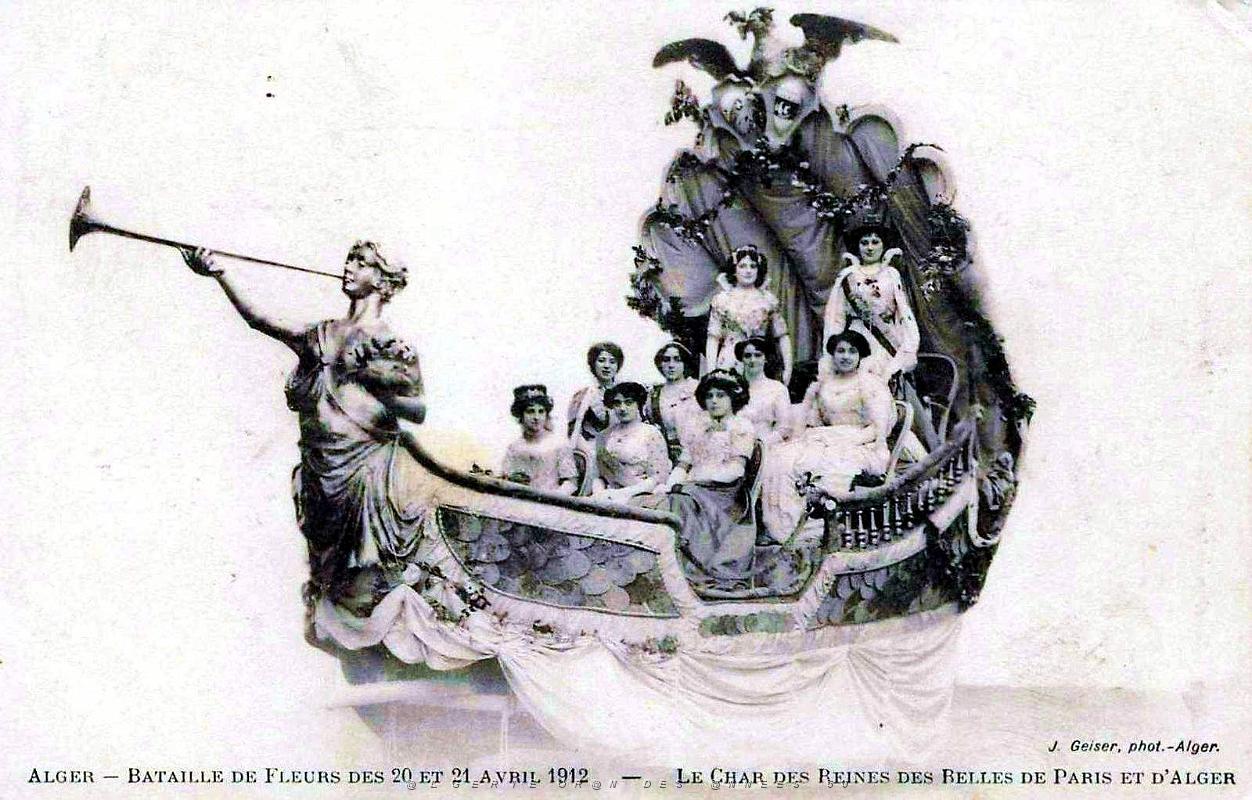 ALGER - BATAILLE DE FLEURS - REINES DES BELLES DE PARIS ET D'ALGER - AVRIL 1912.jpg